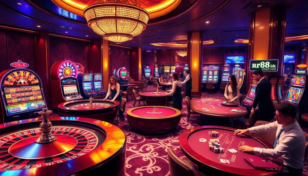 Engage with the vibrant atmosphere of gambling at the casino featuring the rr88 link, highlighted by players at poker tables and slot machines.
