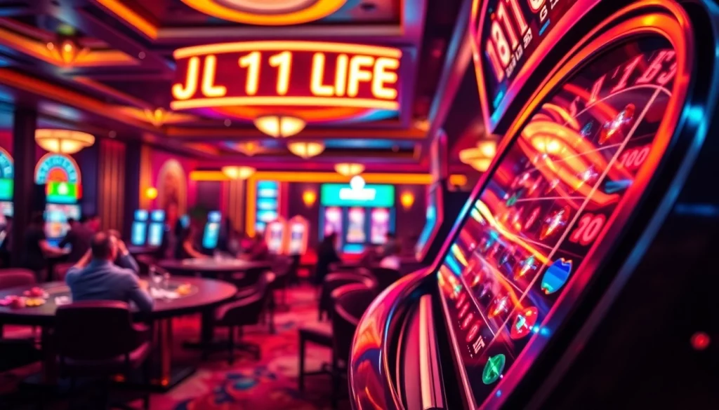 Experience the thrilling atmosphere of JL111 LIFE casino, featuring players engaged in exciting gambling action at roulette and slots.