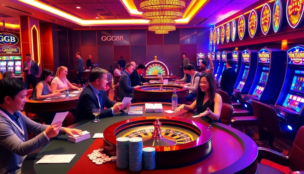 Experience the excitement of GG88 casino games with players celebrating their wins at vibrant poker tables.