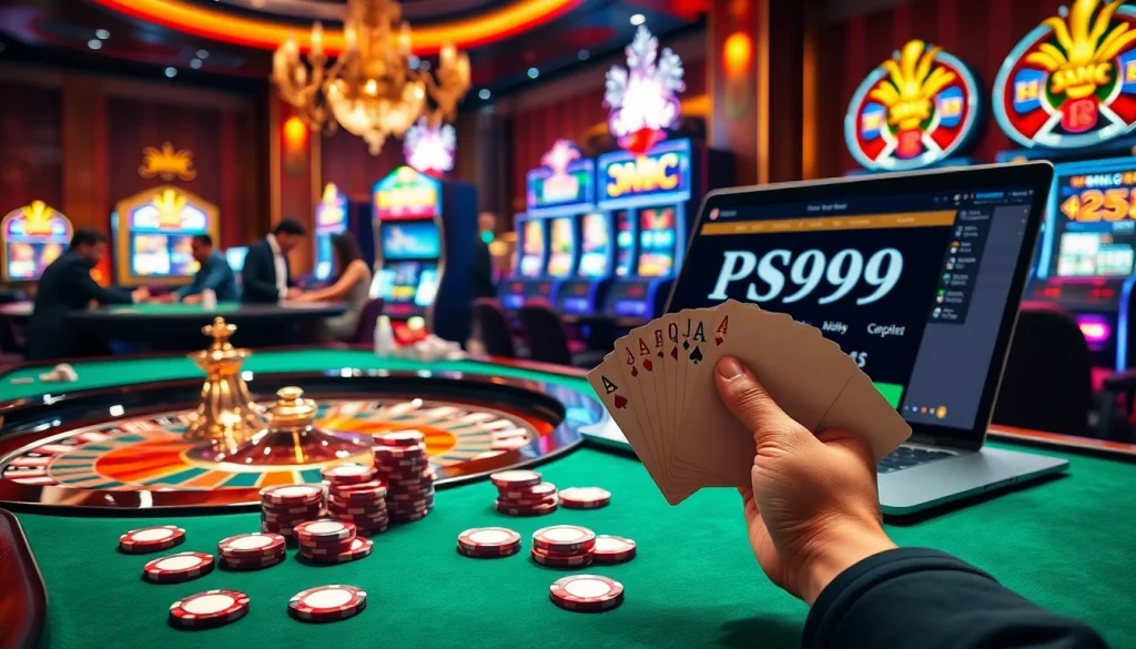 Experience the thrill of PS99 at a bustling casino with colorful slot machines and focused players.