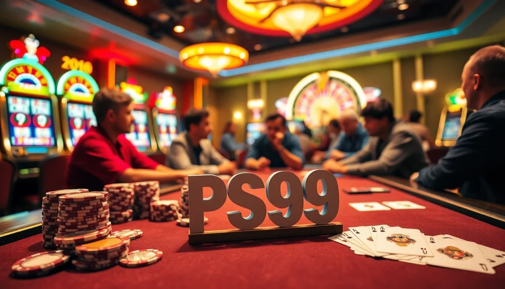 Experience the thrill of PS99 at a dynamic poker table with colorful chips and cards.