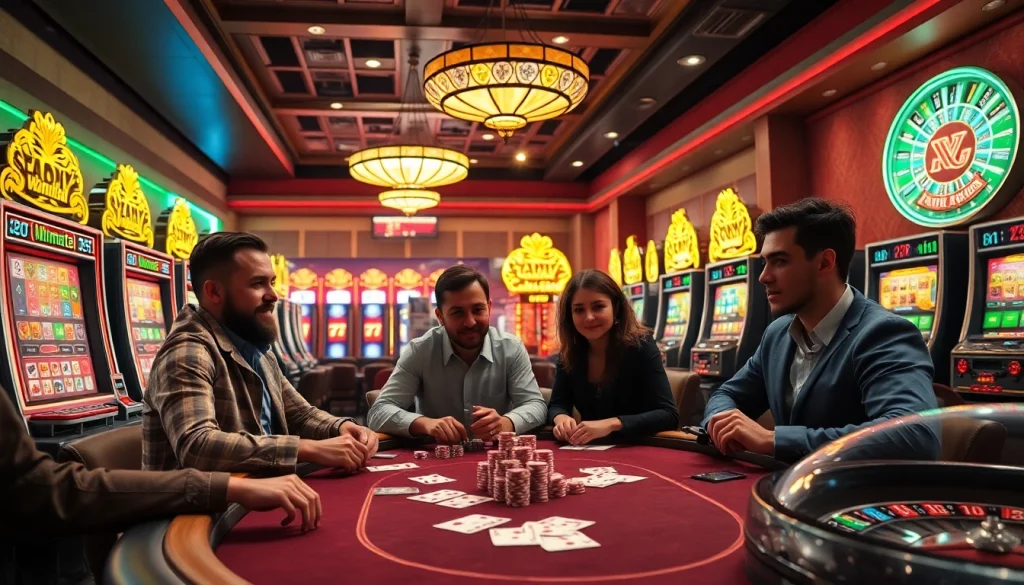 Experience excitement at https://llwin.deal/ with players enjoying poker action and vibrant slot machines.