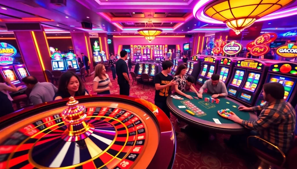 Experience the excitement of gacor123 as players cheer at vibrant casino tables.