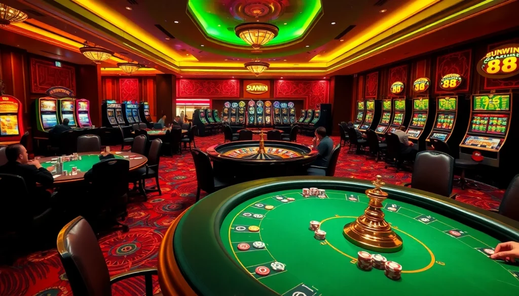 SUNWIN 88 players intensely strategizing at a vibrant poker table in a luxury casino.