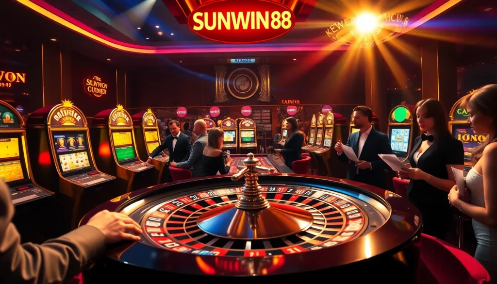 SUNWIN 88 showcases players at an exciting roulette table in a glamorous casino, capturing the thrill of high-stakes gambling.