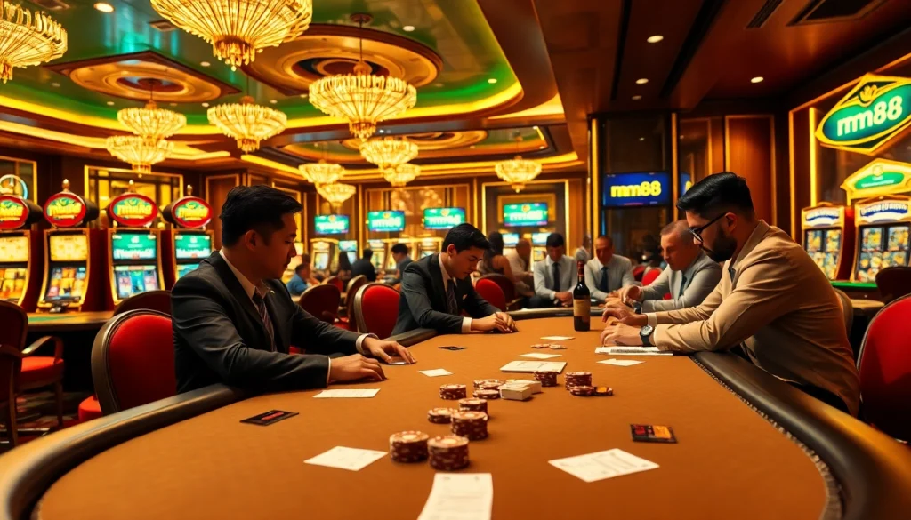 mm88 poker players strategizing in an upscale casino environment.
